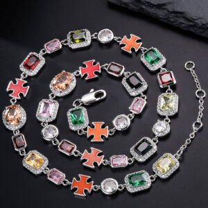 Gorgeous Mixed Gemstone Cross Tennis Chain 5A CZ Enamel Gem 18K Gold Plated Vintage Multi Colored Jewelry Necklace for Women Men