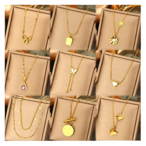 18K Gold Plated Stainless Steel Pendant Necklace – Heart, Clover, Butterfly, Bow & Letter Charms for Women