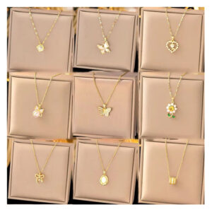 Luxury 18K Gold Plated Pendant Necklace with Pearl, Zircon, Clover & Butterfly Charm